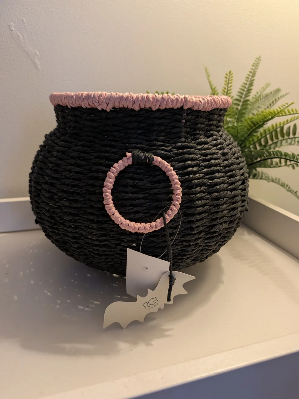 Black and Pink Cauldron Accent Woven Storage Basket with Ring Detail